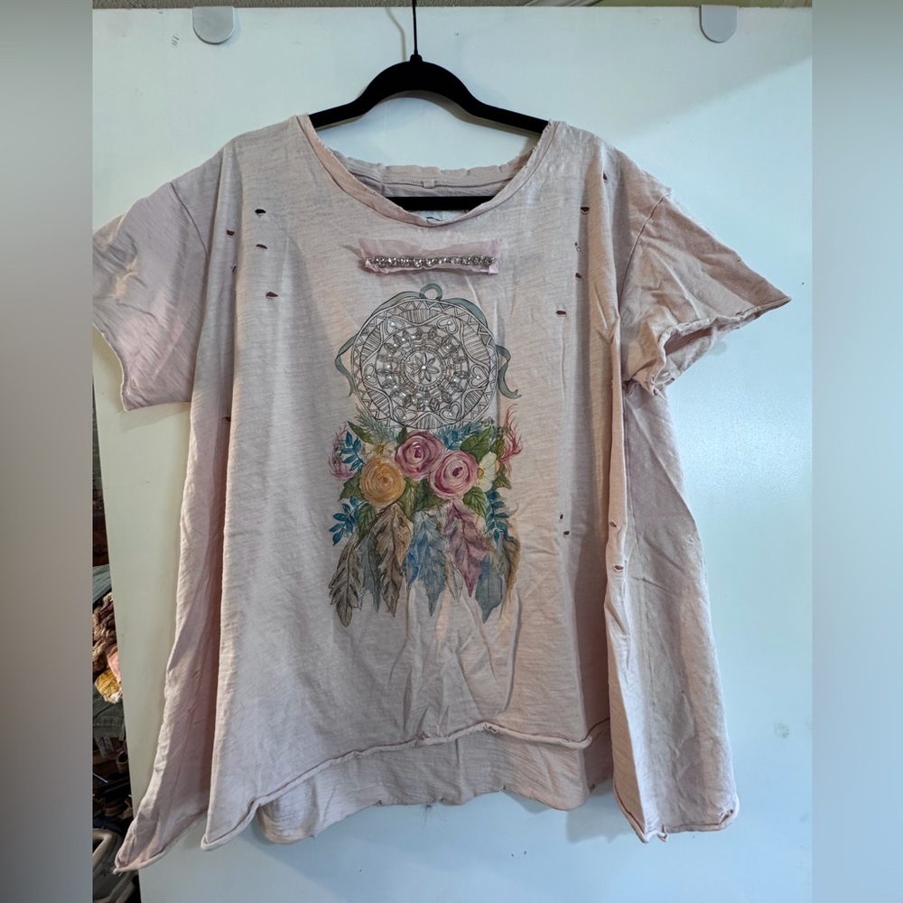 A Rare Bird Light Pink Dreamcatcher Graphic Tee with Rhinestone Details